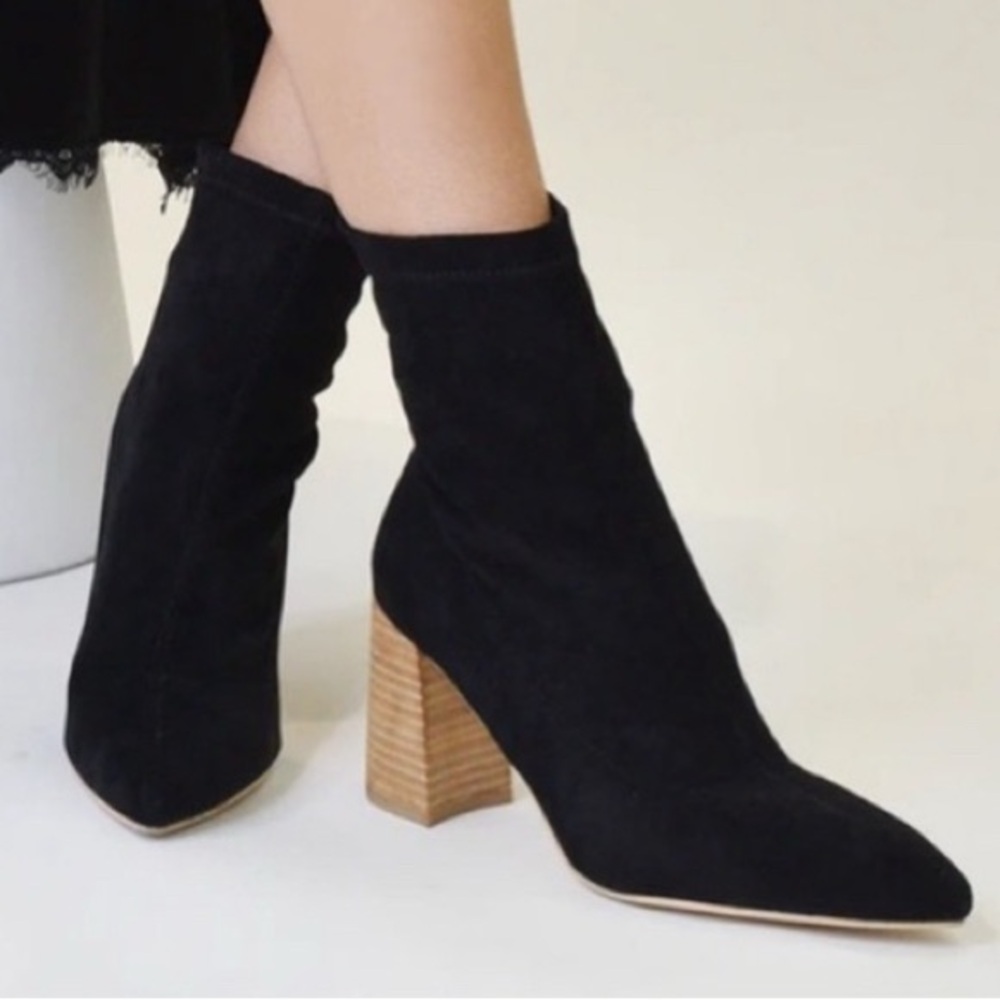 Black Suede Ankle Boots – Pointed Toe Block Heel Sock Boots Size 10